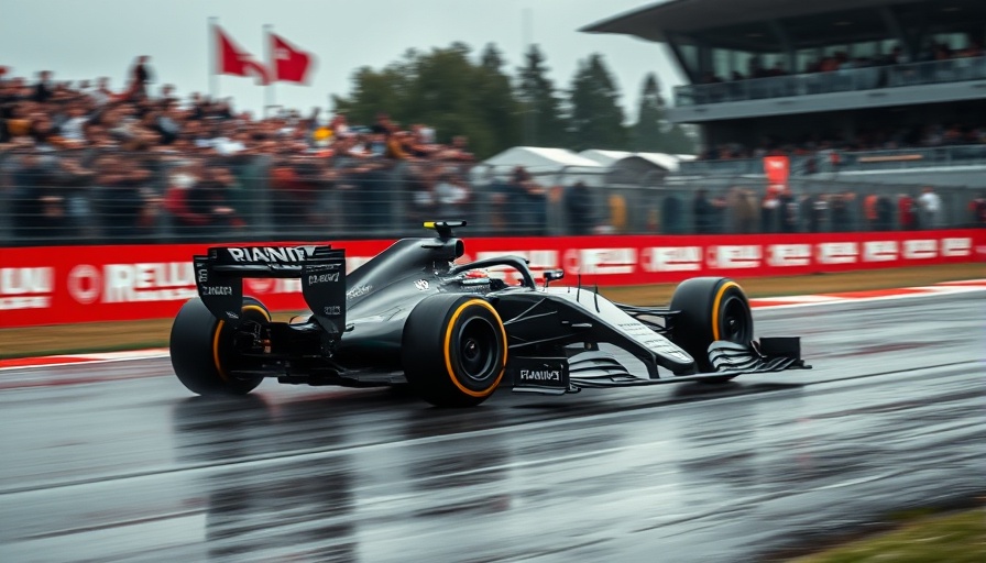 F1 race car speeding on wet track, F1 race news update.