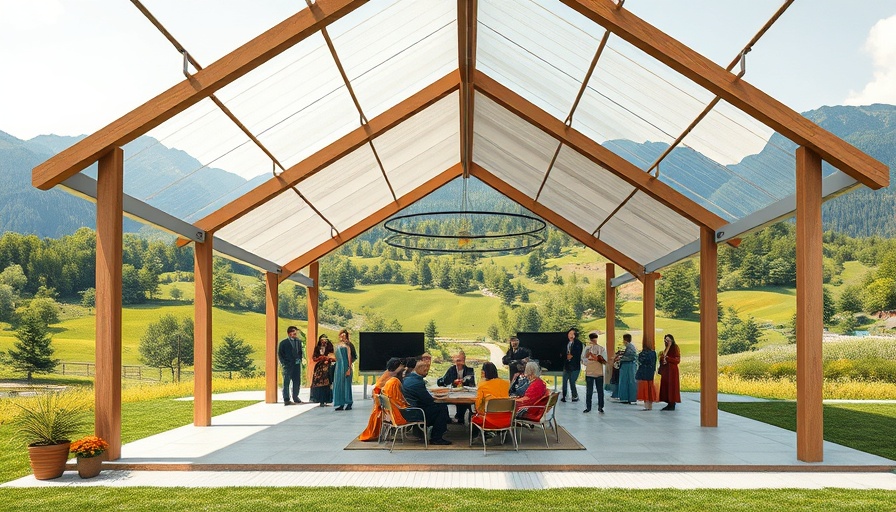 Open pavilion with people in vibrant attire in Latin America's countryside.