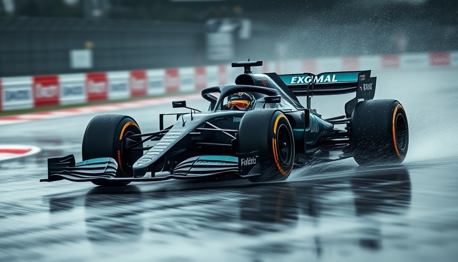 Mercedes F1 car with advanced front wing racing in wet conditions.
