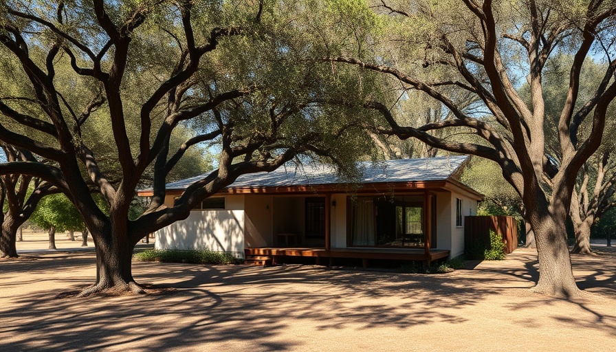 Mid-century Eames House with expanded public access surrounded by trees.