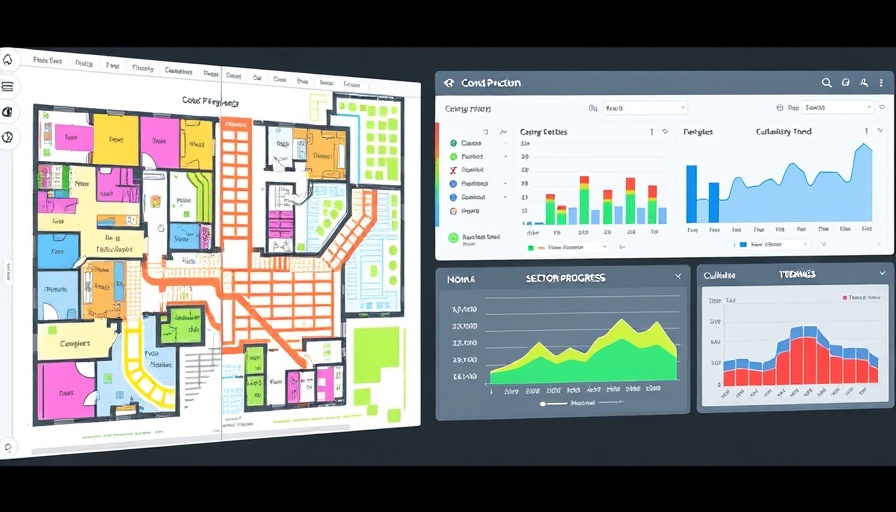 AI Progress Tracking in Construction: digital interface with floor plans and progress data.