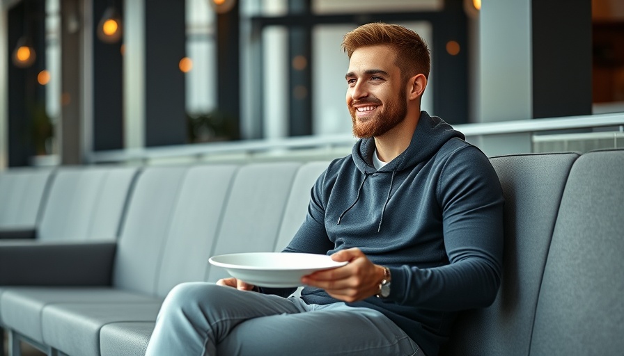 F1 Racing Puns, man holding plate with humorous expression in lounge.