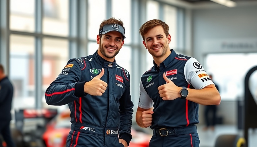 Formula 1 team members showcasing race suits indoors.