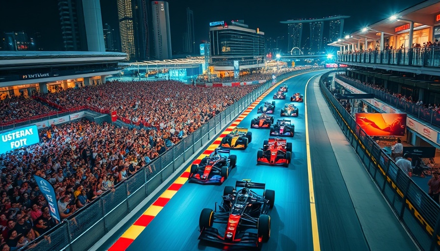 Aerial view of vibrant Singapore Grand Prix at night with speeding cars.