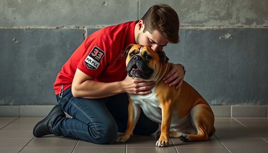Emotionally tender moment of a man comforting his dog, formula one pet loss.
