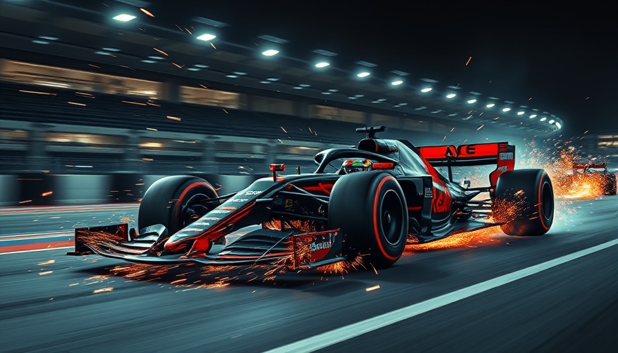 Formula One car racing with sparks in dramatic lighting.