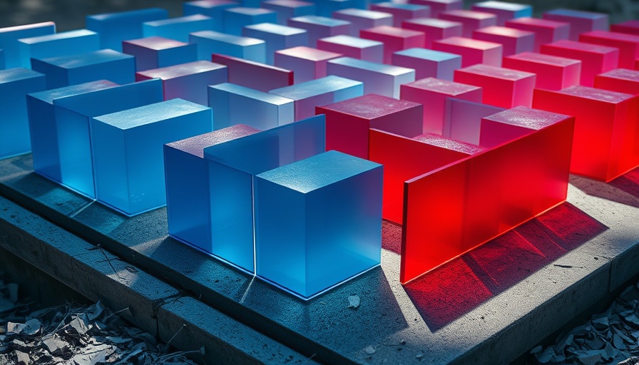 Futuristic abstract maze with blue and red panels, quantum AI concept.