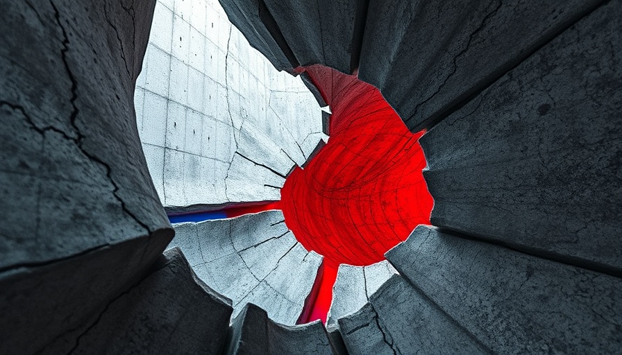Abstract concrete structure with blue and red paths, AI Executive Order theme