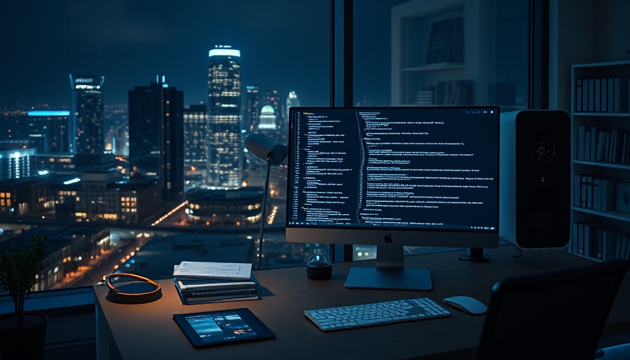 AI Integration workspace with cityscape view and coding computer.