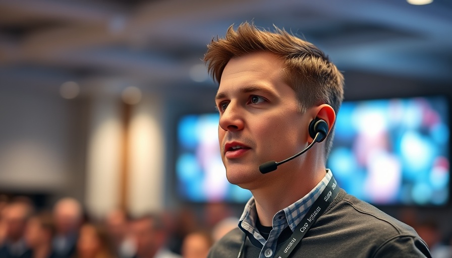 Speaker at tech event talking about AI models, wearing headset microphone.