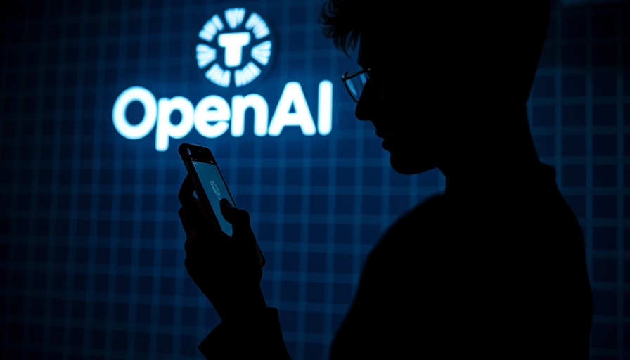 Silhouette in front of OpenAI sign, using smartphone, AI Granny