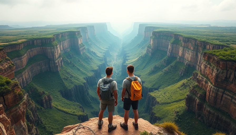 Illustration of hikers facing a canyon, symbolizing AI regulation.