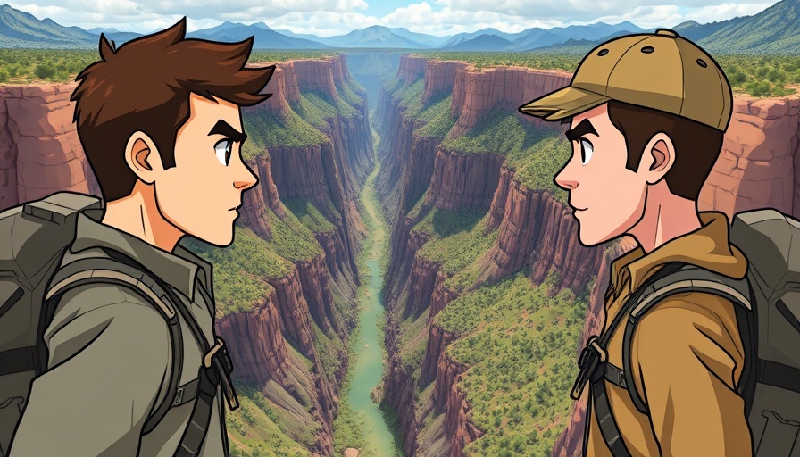 Cartoon hikers facing a canyon, symbolizing strategy gaps.