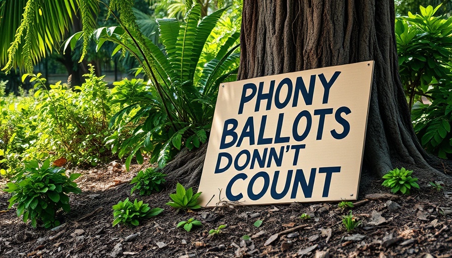 Protest sign with 'PHONY BALLOTS DON'T COUNT' near a tree, related to election deniers.