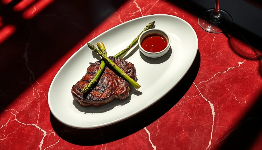 Cultivated meat steak with asparagus on marble table.