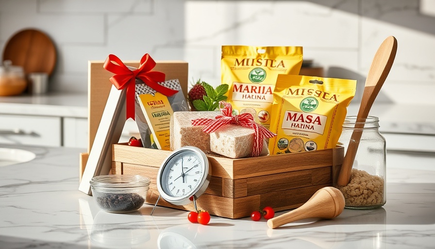 Assorted kitchen gifts on marble surface, ideal presents.