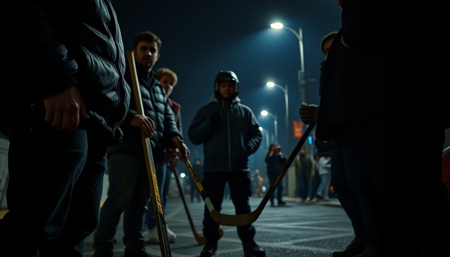 Group holding sticks in dim light, linked to social media extremism.