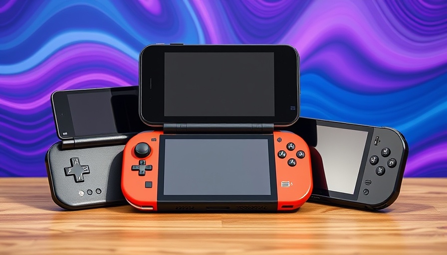 Three handheld gaming consoles on wooden table, colorful background.
