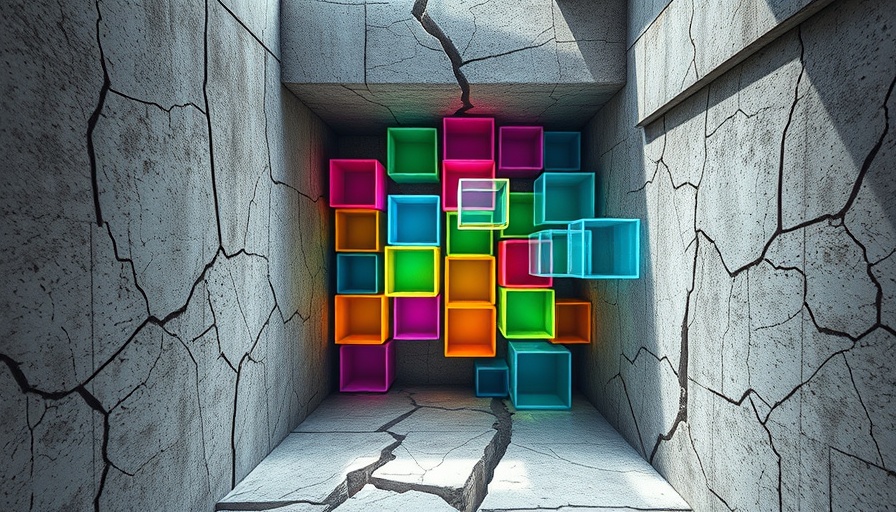 Abstract mobile AI concept with colored blocks and concrete.