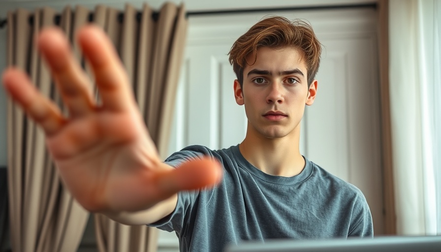 Young person gesturing in a room, symbolizing AI development.