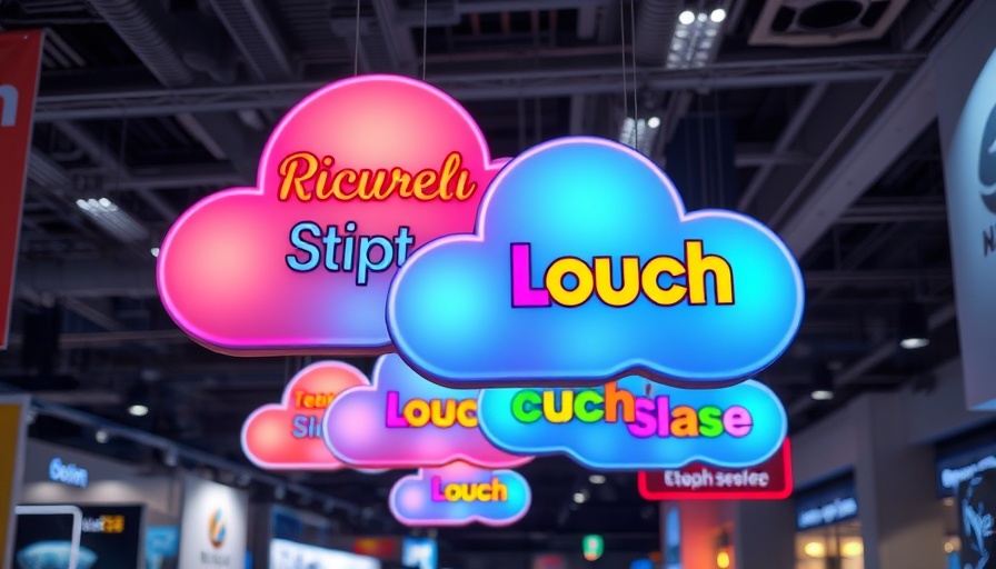 Vibrant cloud signs at tech exhibition, graph databases theme.