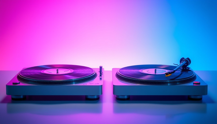 Sleek vinyl turntables with modern design on colorful background.
