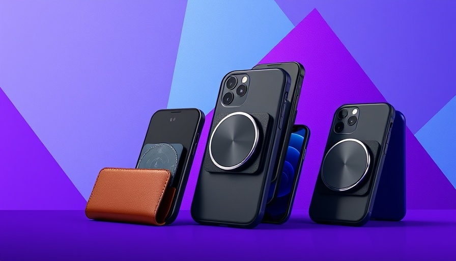 Stylish MagSafe wallets on smartphones with purple background.