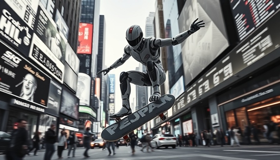 AI innovation: Robot skateboarder jumps over futuristic city street