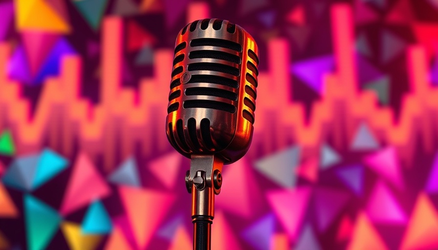 Retro microphone with soundwave design on colorful background, mixed reality concept.