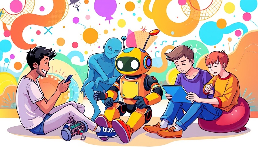 Playful illustration of machine learning concept with humans and robot.