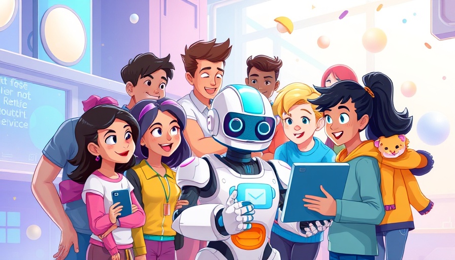 Diverse group and robot showcasing human creativity in tech cartoon.