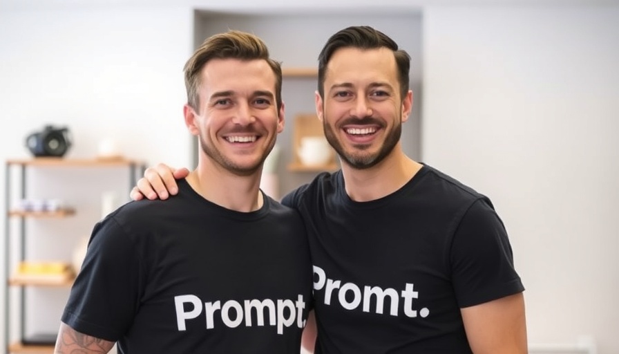 Two men in black 'Prompt.' t-shirts smiling indoors, AI security theme.