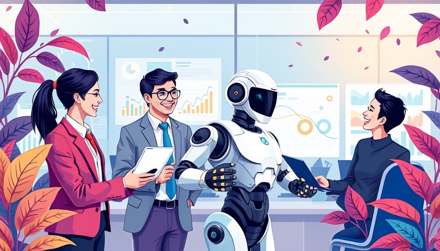 AI Management system illustration with robot and charts.
