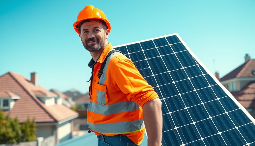 Worker carrying solar panel on rooftop with clear sky