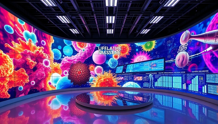 High-tech data center with vibrant molecular design