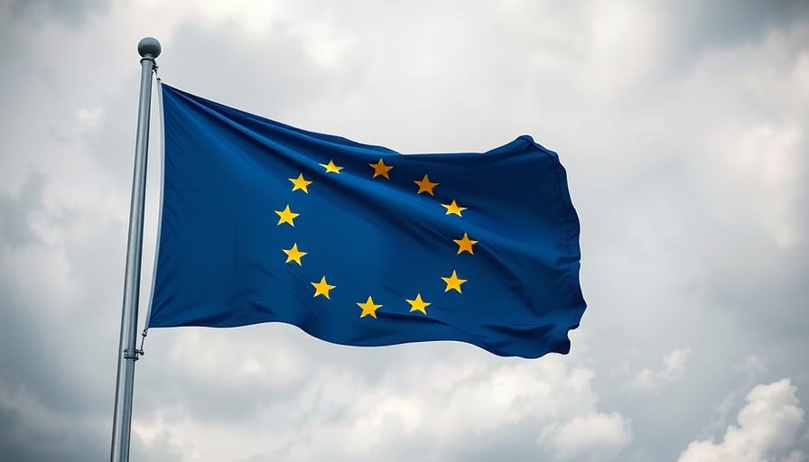 EU flag waving under cloudy sky, AI automation concept.