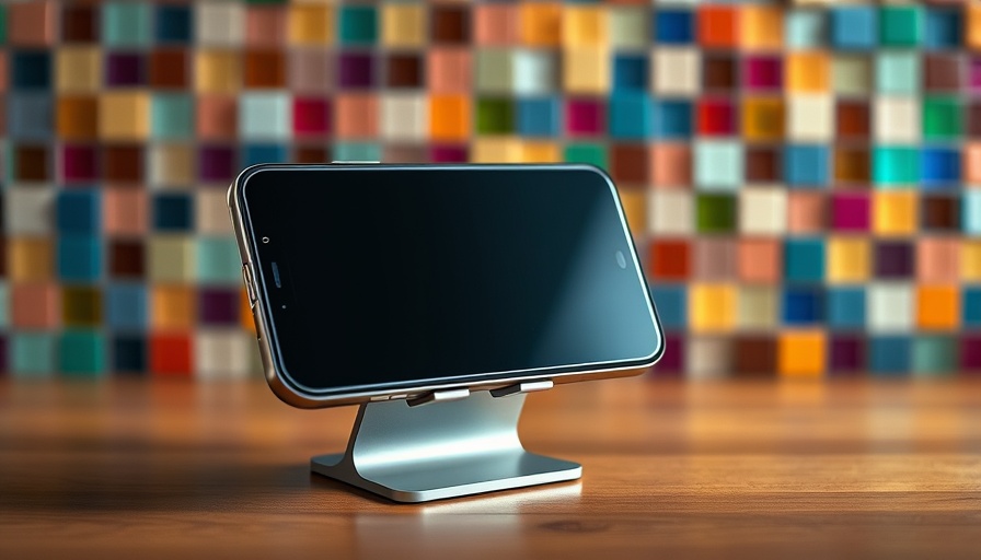 Belkin Stand Pro displaying smartphone on mosaic background.