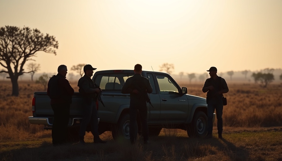 Silhouetted border militias near vehicle at sunrise.