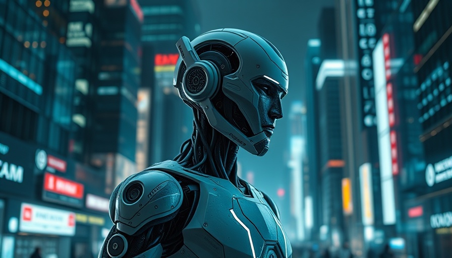 Futuristic robot symbolizing AI Transformation in a digital cityscape.