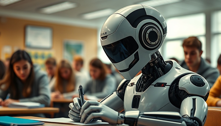 AI agent testing depicted by a robot taking an exam in a classroom.