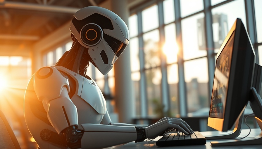 AI agent consistency: Robot working at a computer in a modern office.