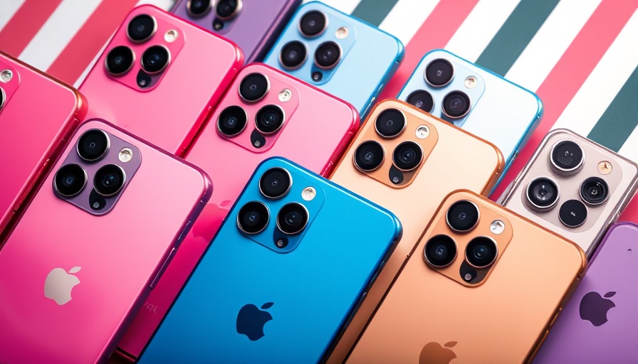 iPhone 16 models in pink, blue, and gold on striped background.