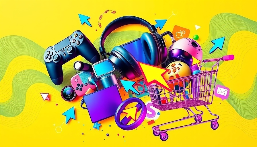 Black Friday Strategy with digital tech items and shopping icons in vibrant colors.