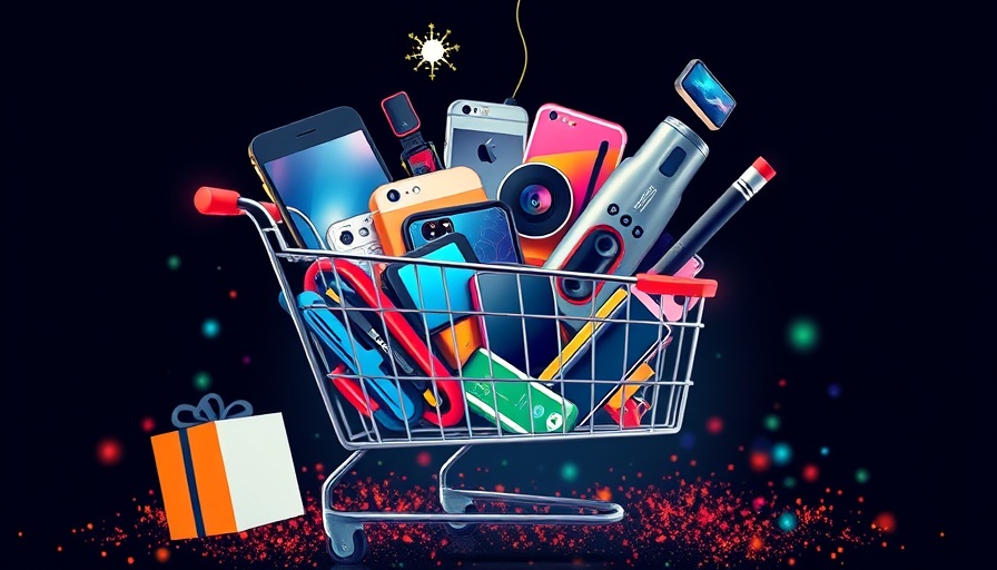 Colorful tech gadgets in cart for Black Friday deals illustration.