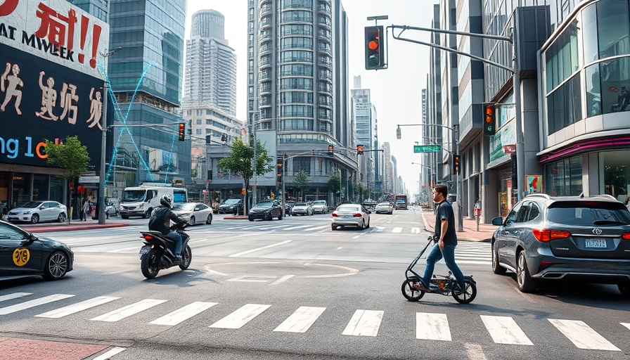 C-V2X technology in urban intersection, vehicles, cityscape.