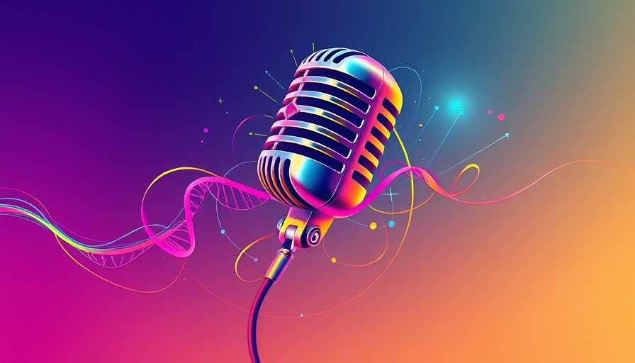 AI Biomolecular Simulation concept, colorful microphone and DNA art.