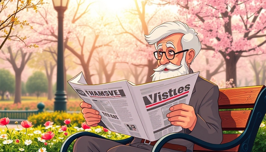 Elderly man reading in park, vibrant cartoon style, machine learning theme.