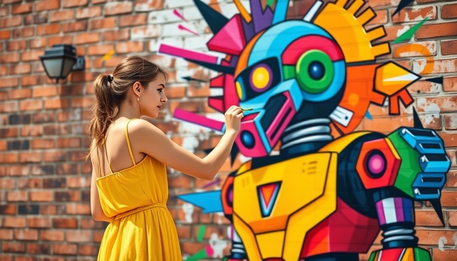 Young woman painting colorful robot mural, illustrating AI creativity.