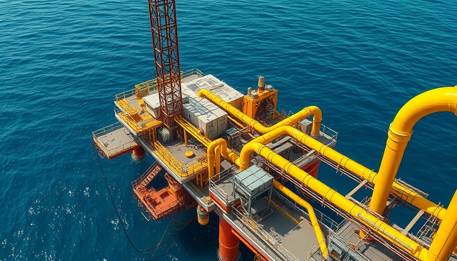 Offshore drilling platform structure above blue sea for methane reduction.
