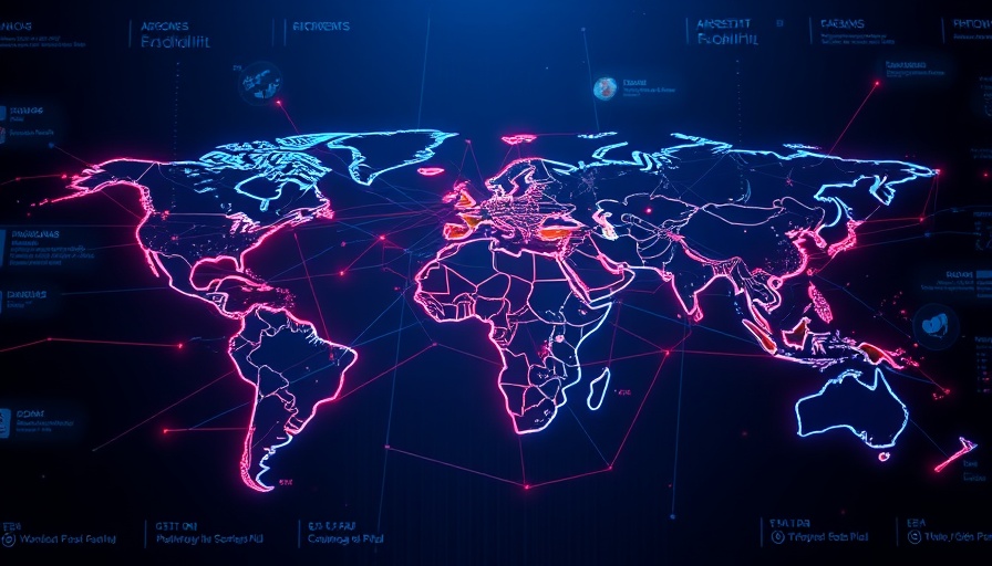 Digital world map depicting inauthentic news sites connections.